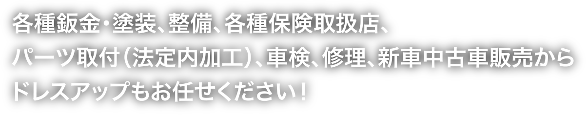 各種鈑金・塗装、整備、各種保険取扱店、パーツ取付（法定内加工）、車検、修理、新車中古車販売からドレスアップもお任せください！